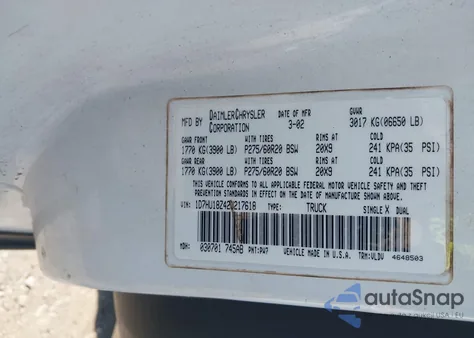 2002 Dodge Ram 1500 St из США, поврежденный, VIN 1D7HU18Z42J217618